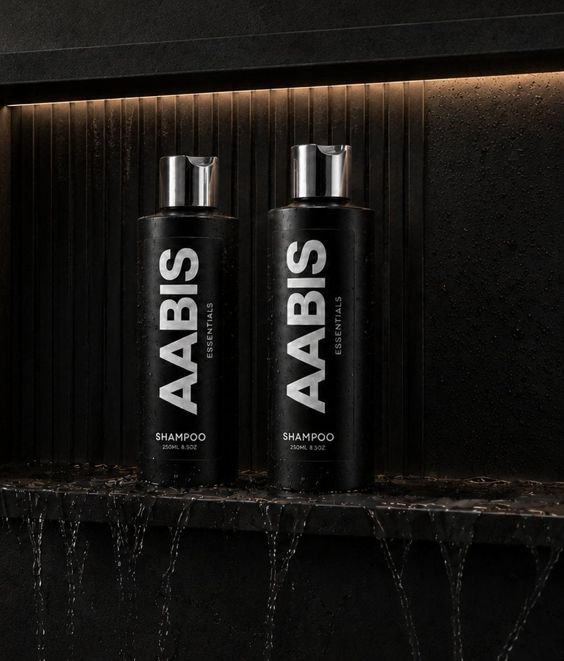Two AABIS Essentials shampoo bottles on a dark shower shelf
